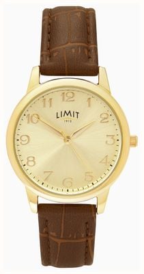 Limit Klassisches Quarzwerk (34 mm) mit goldenem Zifferblatt und braunem Armband aus PU-Leder mit Krokodilprägung 50060