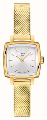 Tissot Prachtige vierkante (20 mm) zilveren wijzerplaat / roestvrijstalen mesh-band met gouden PVD-logo T0581093303100