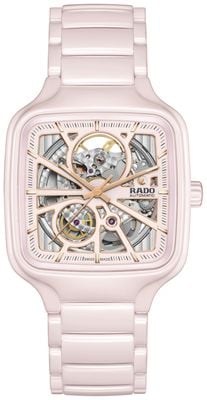RADO Echtes quadratisches Open-Heart-Automatikuhrwerk (38 mm), rosafarbenes Skelettzifferblatt / rosafarbenes Hightech-Keramikarmband R27123012
