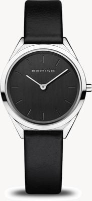 Bering Ultra-smukłe damskie | polerowane srebro | czarny skórzany pasek 17031-402