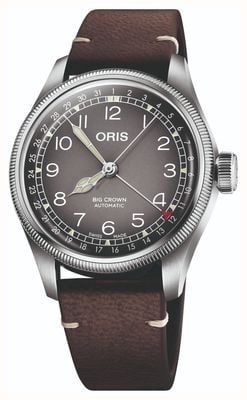 ORIS X cervo volante grande couronne pointeur date automatique (38mm) cadran gris / bracelet cuir marron foncé 01 754 7779 4063-SET