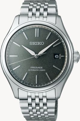Seiko Presage Classic-Serie „Sensaicha“ (40,2 mm) graugrünes Zifferblatt / Edelstahlarmband SPB465J1