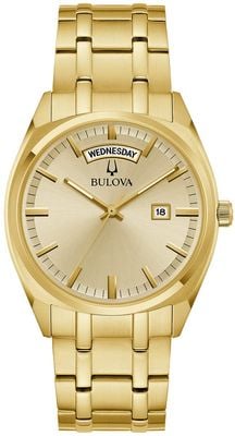 Bulova Surveyor Day-Date Quarz (39 mm) goldenes Zifferblatt / goldfarbenes PVD-Edelstahlarmband 97C115