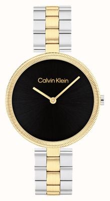 Calvin Klein Mostrador preto brilhante feminino (32 mm) / pulseira em aço inoxidável de dois tons 25100012