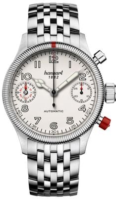 Hanhart Chronographe automatique Pioneer Twindicator (45 mm), cadran blanc antique / bracelet en acier inoxydable 731.200-6428