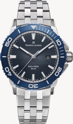Maurice Lacroix Reloj Pontos S Solar Date (42mm) esfera azul ahumada translúcida / pulsera de acero inoxidable PT1008-SSL42-430-1