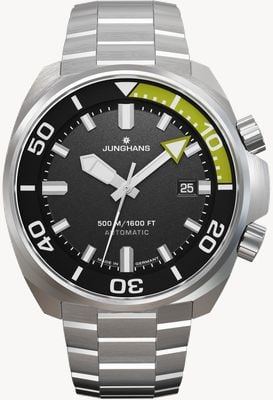 Junghans Aquaris duikhorloge met automatische kast (46,9 mm) matgrijze wijzerplaat / roestvrijstalen armband + zwarte rubberen band. 27/4267.44