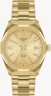 Tissot PRC 100 太阳能（34 毫米）金色表盘/金色 pvd 不锈钢表带 T1518223302100