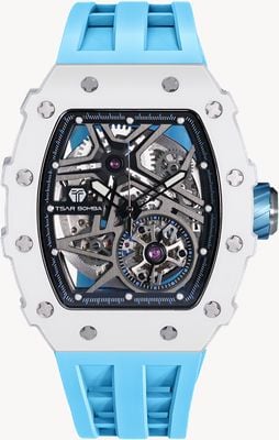 TSAR BOMBA Elemental-Serie, Keramik, Automatik (43,5 mm), schwarzes Skelett-Zifferblatt/blaues FKM-Kautschukarmband TB8209C-04