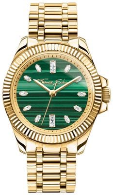 Thomas Sabo Divine Crystal (33 mm) grünes Malachit-Zifferblatt / goldfarbenes PVD-Edelstahlarmband WA0436-291-211-33