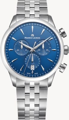 Maurice Lacroix Quartz chronograaf uit 1975 (40 mm) met blauwe wijzerplaat met zonnestraalmotief / roestvrijstalen armband 751038-SS002-430-1