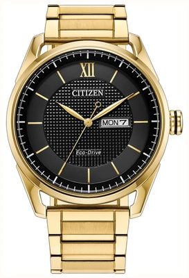 Citizen Eco-Drive-Uhr mit Tag- und Datumsanzeige (42 mm), schwarzes Zifferblatt / goldfarbenes PVD-beschichtetes Edelstahlarmband AW0089-52E