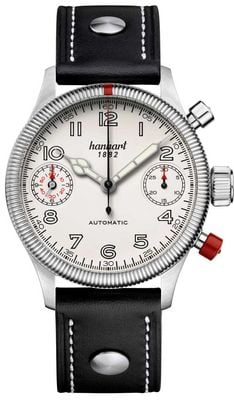 Hanhart Chronographe automatique Pioneer Twindicator (45 mm), cadran blanc antique / bracelet en cuir noir - m 731.200-0010