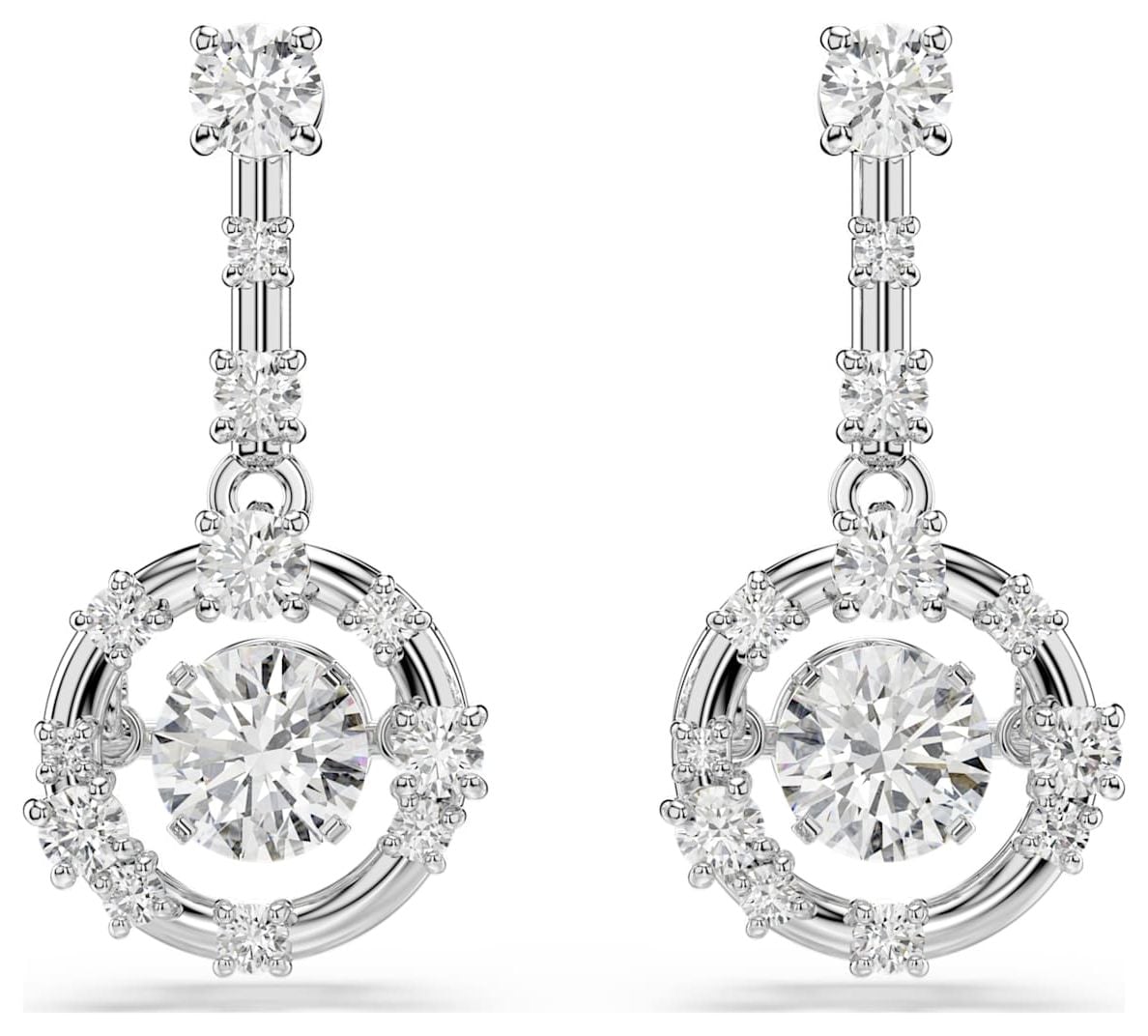 Constella drop earrings, Round cut, Dancing stone, White, Rhodium plated
