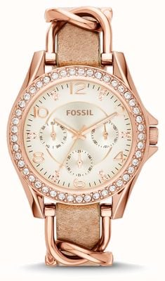 Fossil Riley das mulheres | mostrador champanhe | couro marrom e pulseira de ouro rosa ES3466