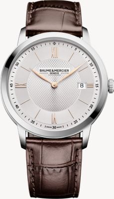 Baume & Mercier Classima Quarz (40mm) silberfarbenes, opales Sonne-Satin-Gerstenkorngitter-Zifferblatt / braunes Kalbsleder-Armband 10882