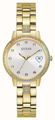 Guess Women's Three of Hearts (34mm) Rainbow Crystal Silver Dial / Gold-Tone Stainless Steel Bracelet GW0657L2