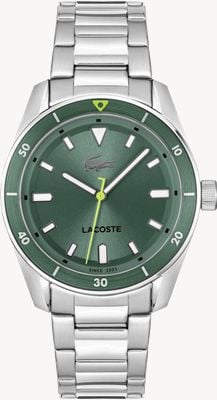 Lacoste Kwarcowy zegarek Boston (39 mm) z zieloną, szałwiową tarczą i słonecznym promieniem / bransoletą ze stali nierdzewnej 2011425