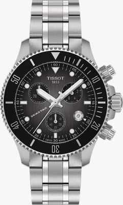 Tissot Seastar 1000 Quarz-Chronograph (38mm) mit grauschwartem Zifferblatt / Edelstahlarmband-Uhr T1202171106100