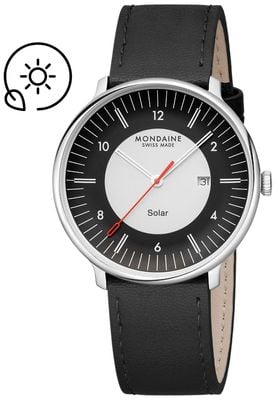 Mondaine Doppio Solar (41 mm) schwarzes und cremefarbenes Zifferblatt / schwarzes veganes Traubenlederarmband MLE.41920.LBV