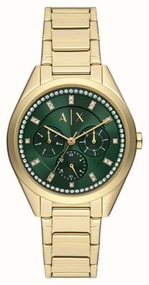 Armani Exchange Mostrador verde feminino (38 mm) / pulseira em aço inoxidável dourado AX5661