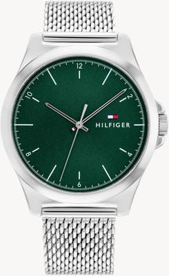Tommy Hilfiger Reloj Norris (42 mm) con esfera verde y pulsera de malla de acero inoxidable para hombre. 1710548