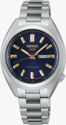 Seiko Montre automatique 5 Sports « Hebitama » SNXS (32 mm), cadran bleu denim / bracelet en acier inoxydable SRE021K1
