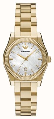 Emporio Armani Quarzo a tre lancette (32 mm) con quadrante in madreperla / bracciale in acciaio inossidabile con trattamento PVD oro AR11657