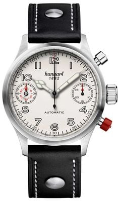 Hanhart パイオニア ツインインジケーター オートマチック クロノグラフ (45mm) アンティークホワイトダイヤル / ブラックレザーストラップ - m 730.200-0010