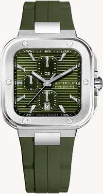 Herbelin Cap Camarat Square Quartz Chronograph (39mm) Olive Green Dial / Olive Green FKM Rubber Strap 35646A116CK