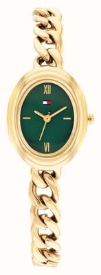 Tommy Hilfiger Relógio de quartzo semi-oval de três ponteiros (21,5 mm) com mostrador verde e pulseira em aço inoxidável com revestimento PVD dourado. 1782877
