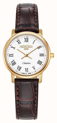 Roamer Reloj de cuarzo Classico para mujer (30 mm), esfera blanca y correa de piel marrón. 971857 48 25 05