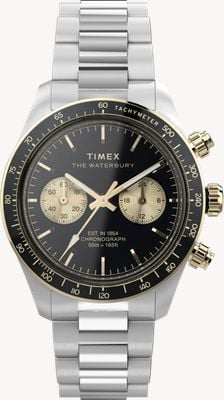 Timex Waterbury Heritage Chronograph (39mm) Black Sunray Dial / Stainless Steel Bracelet Watch TW2Y24000