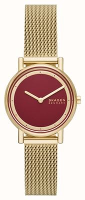 Skagen Signatur lille feminino (30mm) mostrador vermelho/pulseira de malha de aço dourado SKW3117