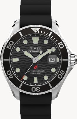 Timex Meridian Deepwater 200 (44 mm) esfera ondulada negra / correa de caucho sintético negra TW2W81600