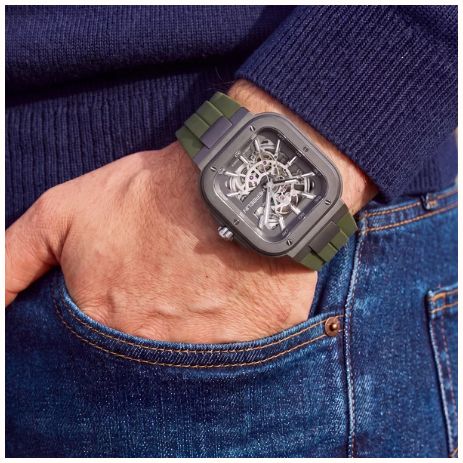 Herbelin Cap Camarat Square Titanium Automatic (40.5mm) Skeleton Dial / Khaki Green FKM Rubber Strap Watch 1846SQTDCK - vue alternative 7