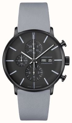 Junghans Forme um cronoscópio (42 mm), mostrador preto e cinza / pulseira de couro cinza 27/4371.01