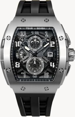 TSAR BOMBA Quarz-Chronograph der Elemental-Serie (44,6 mm), schwarzes Zifferblatt/schwarzes FKM-Kautschukarmband TB8211Q-01