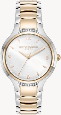 Olivia Burton Klassisches Lea-Kristall (34 mm) silberweißes Guilloche-Zifferblatt / zweifarbiges Edelstahlarmband 24000211