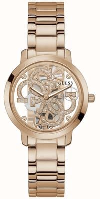 Guess Damski zegarek z przezroczystą tarczą Quattro Clear w kolorze różowego złota z bransoletą GW0300L3
