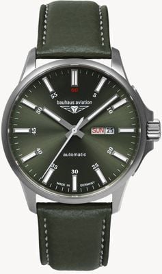 Bauhaus Aviation Titanium Day-Date Automatic (42mm) Dark Green Dial / Green Leather Strap 28664