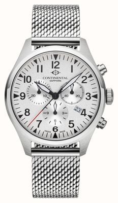 Continental Cronógrafo de aviação (42 mm) mostrador prateado / pulseira de malha de aço inoxidável 24452-GC101720