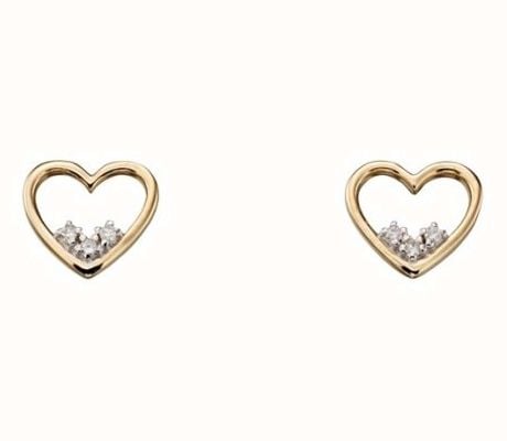 Elements Gold 9ct Yellow Gold 3 Stone Open Heart Diamond Stud Earrings GE2154