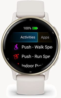 Garmin Vivoactive 5 cremegoldene Aluminiumlünette mit elfenbeinfarbenem Gehäuse und Silikonband 010-02862-11