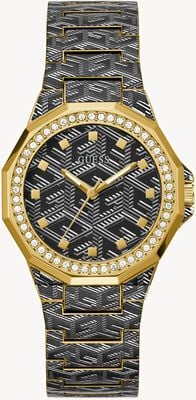 Guess Misfit-Damenuhr (38 mm) mit schwarzem gemustertem Zifferblatt / schwarz-goldfarben gemustertem Edelstahlarmband GW0597L1