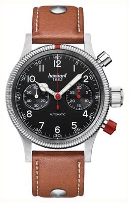 Hanhart Cronógrafo automático Pioneer MK II (40 mm) mostrador preto / pulseira de couro marrom claro com rebites - tamanho M 716.210-0210