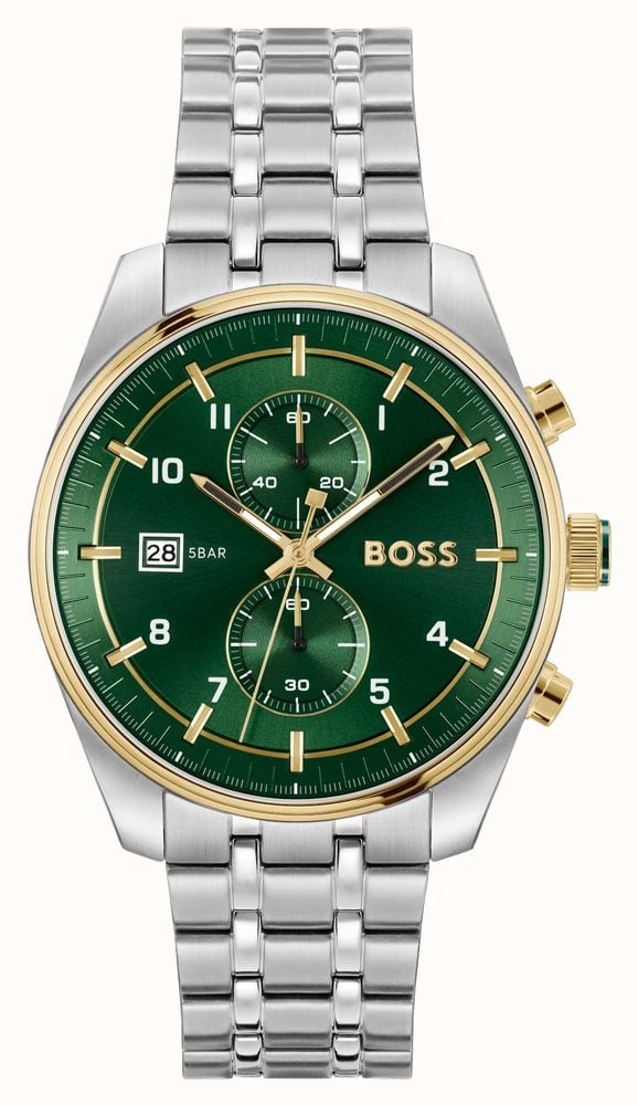 BOSS Cadran chronographe vert skytraveller 44 mm pour homme bracelet en acier inoxydable 1514195