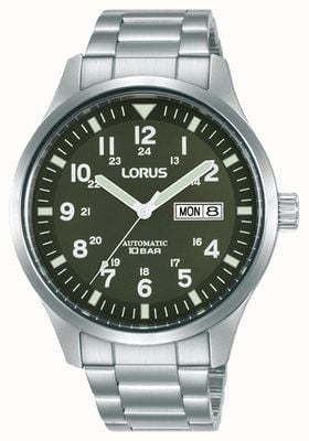 Lorus Спортивный автоматический индикатор дня/даты, 100 м (42 мм), зеленый циферблат цвета хаки / нержавеющая сталь RL407BX9