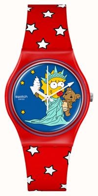 Swatch X die Simpsons Little Lady Liberty (34 mm) Zifferblatt mit Maggie-Aufdruck / rotes Silikonarmband SO28Z120