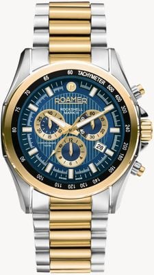 Roamer Rockshell Mark III Chrono, blaues Zifferblatt, goldenes, zweifarbiges IP-Armband 220837 48 45 20